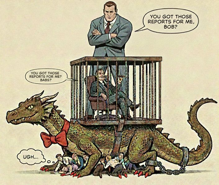 Comic: a manager stands on a cage strapped to a dragon's back while employees are crushed beneath it