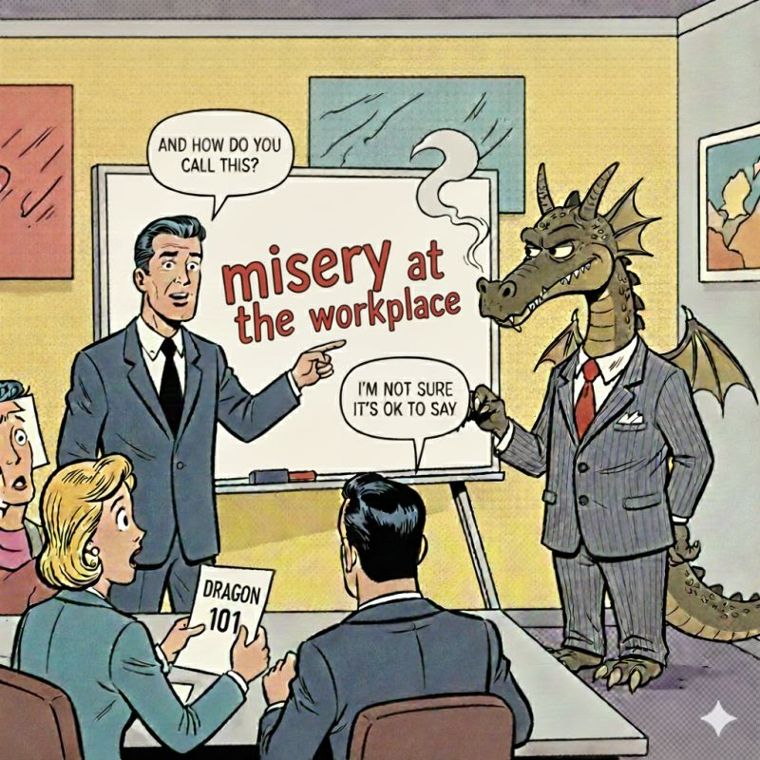 Comic: a presenter points at a whiteboard reading 'misery at the workplace' while a suited dragon stands beside it