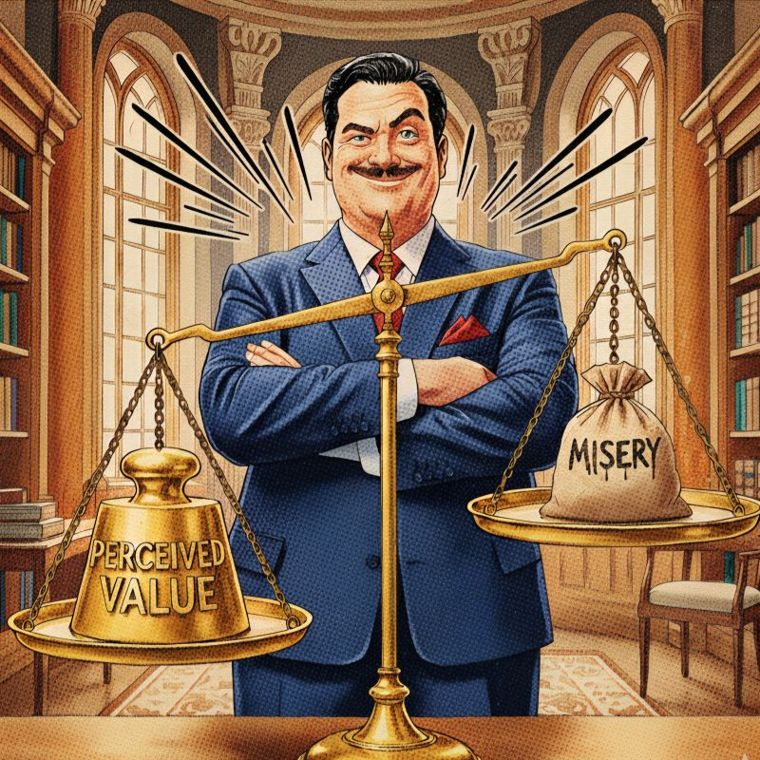 Comic: an executive stands behind scales weighing a gold 'perceived value' weight against a sack labeled 'misery'